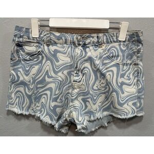 Rue21  Denim Shorts Women's Size 13 Blue White Waves Frayed Hem 5 Pockets Zip Up